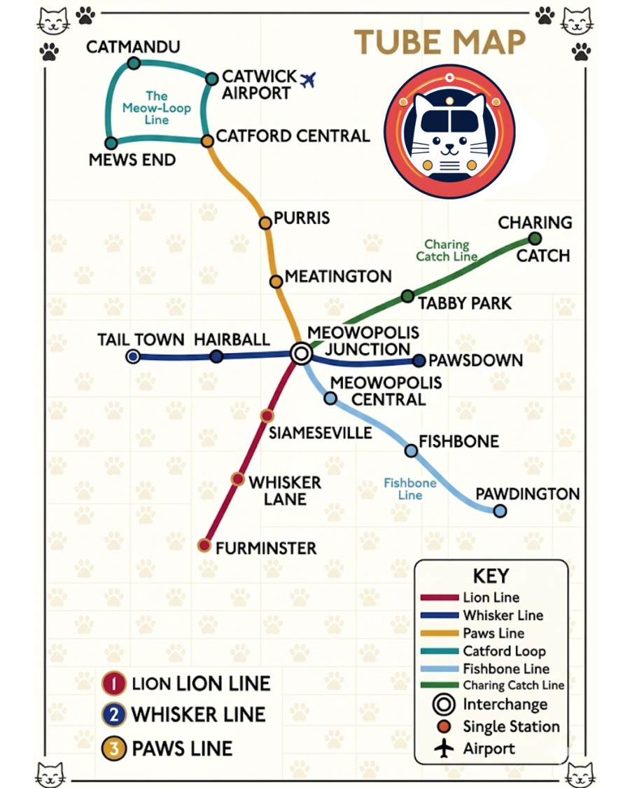 Meowopolis Underground tube map showing all six lines and stations